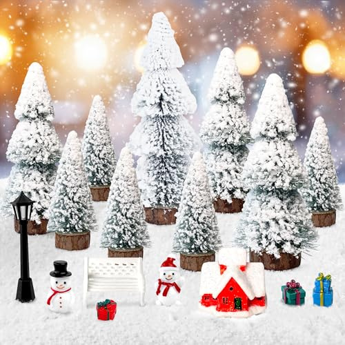 ROLLWAY 17 Stück Mini Weihnachtsbaum mit Schnee Miniatur Figuren Set, Künstlicher Weihnachtsbaum Klein Weiß Tannenbaum Künstlich, Deko Tannenbäume Kleine Weihnachtsbäume Weihnachtsdeko Baum 10/15/20CM