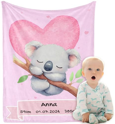 iDIY Babydecke Personalisiert mit Namen & Geburtsdatum - Kuscheldecke Kinder, Neugeborenen-Geschenk für Jungen/Mädchen,10 Tier-Muster Wählbar