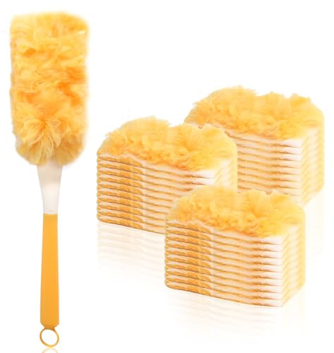 Paquete de 30 plumeros para limpieza de polvo de 360° con 1 mango, esponjosos, de microfibra, para el hogar, la escuela, la oficina