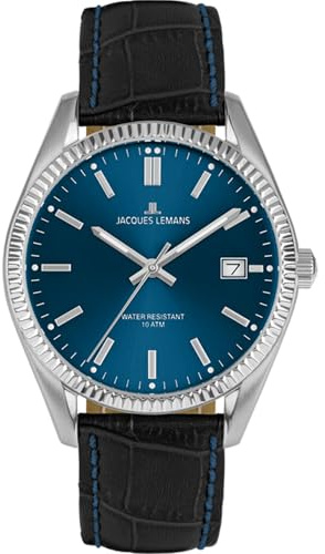 JACQUES LEMANS damklocka 'Jubileumskollektion 50 år' Derby 34 mm 10 ATM datum med läderrem 50–4 i olika varianter, Silver/blå