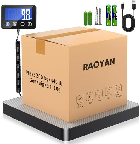 RAOYAN Paketvåg, 200 kg/10 g digital plattformsvåg med hög precision med hållare/Tar-funktion, brevvåg med väggmonterad LCD-display för paket/bagage/lager, batterier och laddningskabel ingår