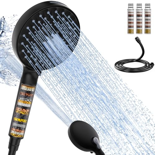 SR SUN RISE Duschkopf mit 4 Filter und Schlauch Hochdruck Handbrause Black | 9 Sprühmodi Brausekopf Dusche mit jetstrahl,Duschkopf mit Kalkfilter gegen Hartes Wasser, Rest-Chlor, Schwermetall, Bakterien