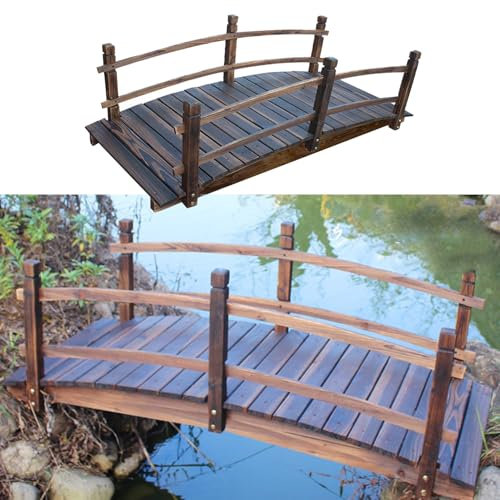 Puente de jardín Exterior de 140 cm de Largo, Pasarela de Madera para Patio, con Arco de Acabado teñido y pasamanos de Seguridad.