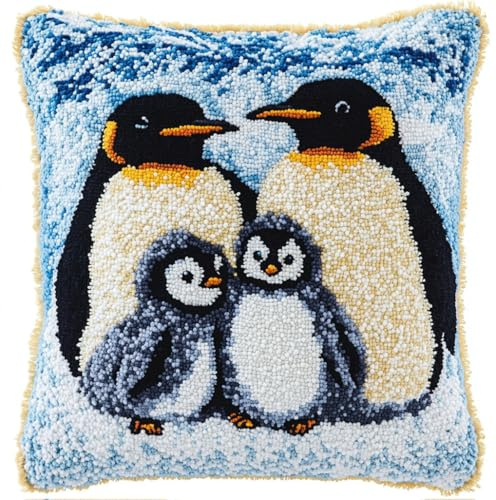 ORLUMY Latch Hook Kits for Adults,Penguin Family Beginners DIY Crochet Pillow Kit Pre-Printed Pillowcase Hook and Latch Rug Kits Needlework Cushion Cover for Home Sofa Decoration 17X17 Inch