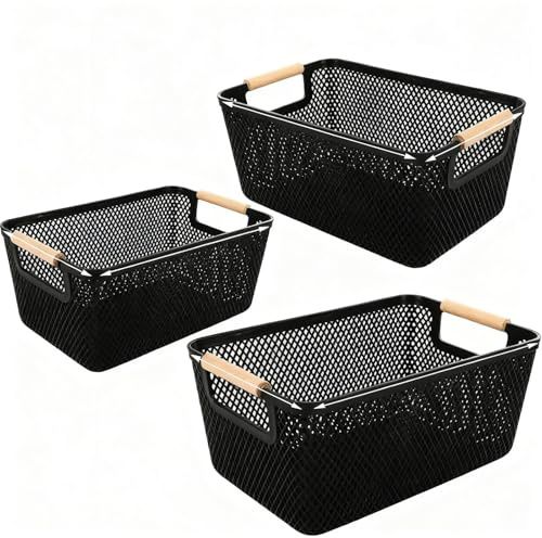 LDHHYH 3Pcs Black Plastic Storage Basket, Large Breathable Storage Baskets with Wooden Handle, Portable Multipurpose Vegetable Basket Organizer for Home Office Kitchen