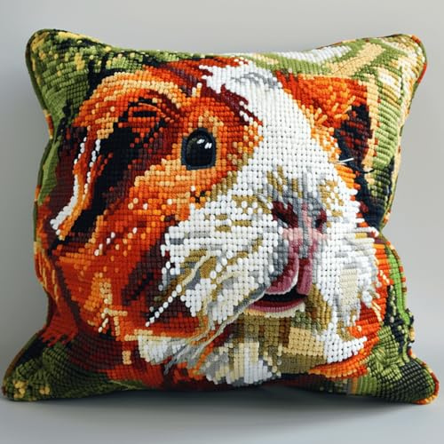 Kit DIY cojín de ganchillo 43 x 43 cm, conejillo de indias animal, alfombra de atar con lienzo impreso colorido, hilo, gancho e instrucciones, kit de manta de almohada para adultos y niños
