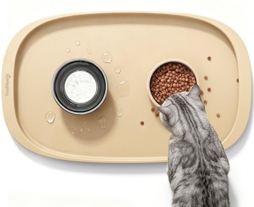 FEELNEEDY Tappetino Ciotola Cane, Tapis Chat Gamelle & Tapis Gamelle Chien, Tappetino Antiscivolo per Cane e Gatto in Silicone, Bordo Alzato, Antisprruzzo, Facile da Pulire (45×30×1.2cm, Beige)