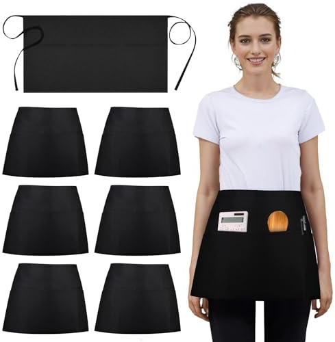 6 Stücke Schürzen Gastronomie, 30*60cm Kochschürze, Kellnerschürze Kurz, Kochschürze Damen, Vorbinder Schürze Herren, Unisex Verstellbare Schürzen Zum Kochen Reinigen Malen Gärtnern Bistro(Schwarze)