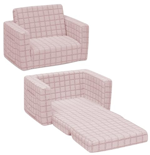 Delta Children Checkered Cozee Flip-Out Kids Chair, Snuggly Sherpa-Like Foam Convertible Armchair for Boys and Girls, Machine Washable Cover, Soft Comfy Toddler Seating for Playroom/Bedroom, Pink