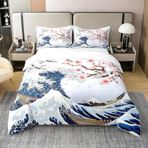 Housse de Couette 200x200 Grue sur Les Vagues Imprimée 3D Ukiyo-E Japonais Parure de Lit 2 Personnes Doux Microfibre Literie avec 2 Taies D'oreillers 65x65 cm avec Fermeture Éclair x.1119