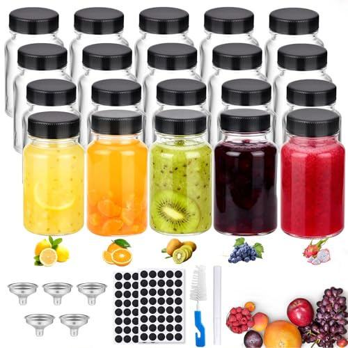 Hejo 20 st glasflaskor med lock, 60 ml juiceburkar med etiketter, små glasbehållare, bred mun, återanvändbara mini ingefärsflaskor för oljor, sås, mjölk (svart lock)