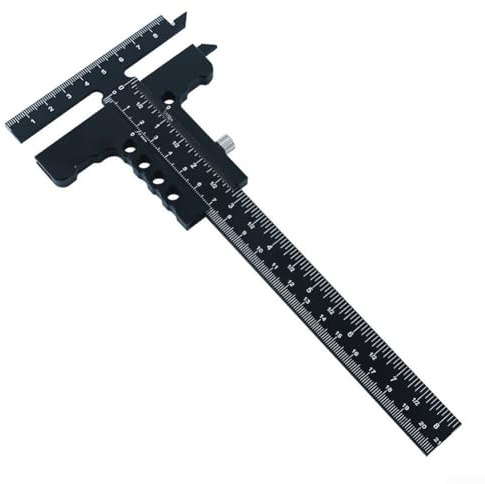 Griffoir coulissant en aluminium en forme de T pour le travail du bois avec capacités de marquage, de mesure et de rainurage pour charpentier (noir)