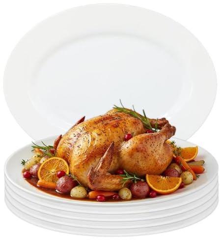 UNIQUE HOME LIVING 34.5cm Serving Platters Set of 6 White Oval Serving Plates, 13.5 Inch Large Zenix Glass Platter Dish for Party Food Buffets Appetisers Dessert Snacks, Microwave and Dishwasher Safe