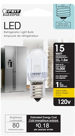 Feit Electric T7 LED Light Bulb, 15W Equivalent, 1.5W, 80 Lumens, E17 Base, Warm White 3000K, Non-Dimmable, Energy-Saving Refrigerator & Indicator Bulb, 15,000 Hour Lifespan, BPT7N/SU/LED