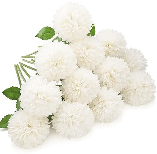 Floweroyal Artificial Flowers 12pcs Chrysanthemum Ball Flowers Silk Hydrangea Bridal Wedding Bouquet for Home Garden Party Office Coffee House Decorations (Cream White).