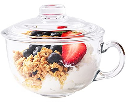 ITODA 550ml Tasse en Verre Micro-Ondes avec Couvercle en Verre, Coupe de Café Ronde Tasses à Petit-déjeuner avec Poignée Coupe à Lait à Grande Bouche pour Soupe Latte Café Céréales Crème Glacée