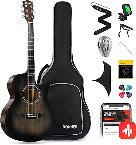 Donner Gitarre Akustik Anfänger Erwachsene Einsteiger Akustikgitarre 4/4 Mini Jumbo Cutaway Gitarren mit Tonabnehmer 6 Stahlsaiten Tasche Capo Plektren Gurt (Schwarz)