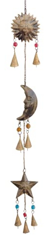 Mie Creations Sun Moon Star Face Wall Hanging Décor Chime Bells | Metal Cutouts Ornaments, Crescent Moon Phases Garland Art | Celestial, Earthy Decorations | Wicca Pagan Christmas Décor -Antique Gold
