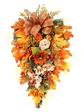 Sempoda Artificial Fall Swag for Front Door, Thanksgiving Teardrop Wreath with Fake Maple Leaves & Berry, Simulation Autumn Harvest Hanging Garland for Home Wall Door Indoor Outdoor Decorations
