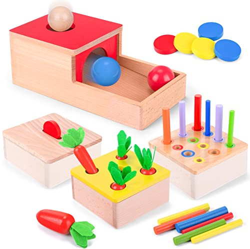 Holzspielzeug ab 1 Jahr | 4 in 1 Montessori Spielzeug Baby Motorikspielzeug ab 10 Monate Jungen Mädchen Objektpermanenz Sortierspiel Holzpuzzle für Kinder Ostern Weihnacht Geburtstag Neu Jahr Geschenk