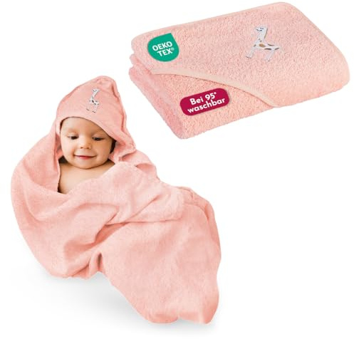 Clinotest Baby Kapuzenhandtuch Baby mit Giraffe in 80x80 cm Rosa – Oeko-Tex 100 Zertifiziert - Weiches Babybadetuch mit Kapuze – Saugfähiges Badehandtuch mit Kapuze für Babys und Kinder