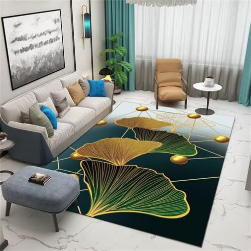 RUGMRZ Home Teppich Flickenteppich Waschbar Grüne Ginkgoblätter sind mit gelben Linien verziert, die pflegeleicht sind. Teppich Aussenbereich 80X150CM