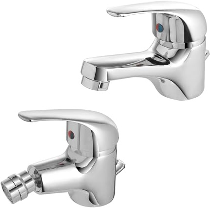 Set rubinetti bagno lavabo e bidet con scarico automatico incluso, in ottone cromato con piletta e flessibili, serie KANT