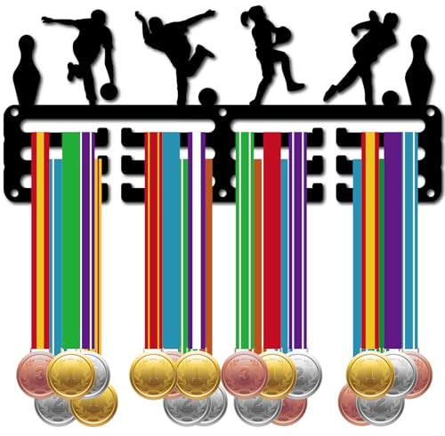 CREATCABIN Bowling-Medaillenaufhänger,Medaillenhalter,Rack,Sportrahmen,Haken,Wandhalterung,Kleiner Medaillenaufhänger Eisen,Metall,Organizer Zum Aufhängen von Über 40 Medaille,Bowling-Sportler 29x13cm