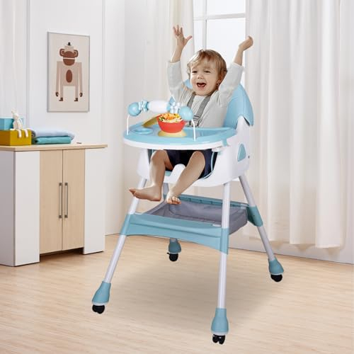Sinbide Hochstuhl, Kinderhochstuhl mit Rädern, Verstehllbar und Klappbar Hochstuhl, Verstellbarer Rückenlehne & Liegefunktion, Kindersitz mit Sicherheitsgurt für 6 Monaten bis 4 Jahre (Grün)