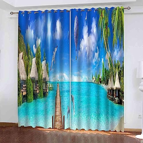 Vorhang Blickdicht Gardinen Mit Ösen - 2 Stücke 2 X 117 X 230 Cm Verdunklungsvorhänge 3D Insellandschaft Des Blauen Himmels Muster Thermovorhang Für Schlafzimmer Wohnzimmer Weihnachtsgardin -4D5G3Q8S1