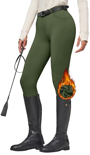 WILLIT Pantaloni da equitazione da donna invernali, imbottiti, in pile, con rinforzi in silicone, per equitazione, termici, con tasche e passanti per la cintura, verde militare, M