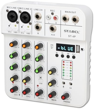 STABCL Audio Mixer Portable 4 Channel, Sound Board Mixing Console with Bluetooth USB 48V Phantom Power and 3.5mm mic input. Dj Mixer with Sound Card Recording for Pc Podcast and Live Streaming.