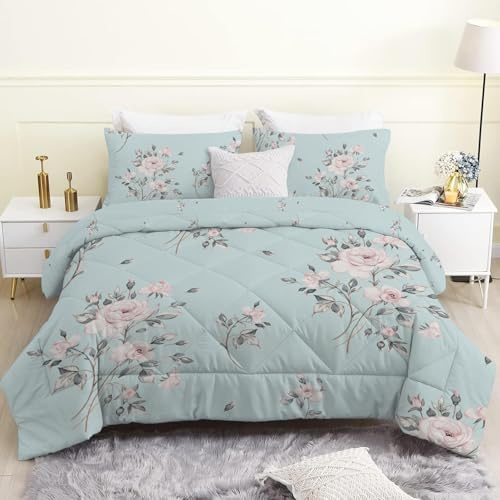 Linfye Bettdecke 135x200 4 Jahreszeiten, Blauer Blumendruck Vierjahreszeiten Steppdecke 135x200, Warme Ganzjahresdecke Rosa Rosen Bettdecke ohne Bezug Waschbar Schlafdecke mit 2 Kissenbezug 80x80cm