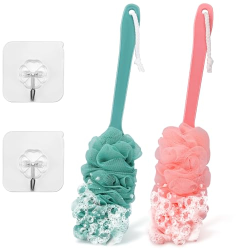 2 Pack Back Scrubber Brush Shower Loofah for Men or Women 17″ Body Scrubber Long Handle Sponge with Bath Brush Net Soft Mesh Back Washer (Pink & Green)