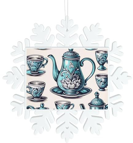Teiere e tazze disegnate a mano in plastica stampata a forma di fiocco di neve ciondolo 12,7 cm, ornamenti per albero di Natale, divertenti ornamenti natalizi