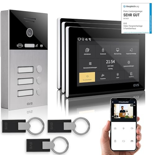 GVS IP Video Türsprechanlage 3 Familienhaus RFID Türöffner - 3X 7 Monitor | Smarte Video Türklingel mit Kamera und Monitor & App - Gegensprechanlage mit Türöffner (AVS4091A)
