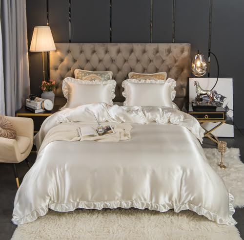 Koudi Juego de ropa de cama de satén, 200 x 200 cm, 3 piezas, color blanco liso, con volantes, satén brillante, 1 funda nórdica con cremallera y 2 fundas de almohada de 80 x 80 cm