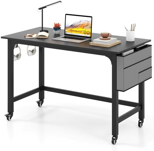 FANTASK Tavolo per computer con sacchetto, gancio e quattro ruote, tavolo da lavoro con sacchetto in tessuto, 120 x 60 x 75 cm