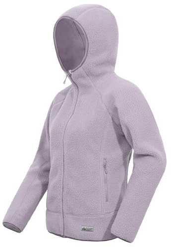 Pioneer Camp Chaqueta de forro polar para mujer con capucha: triple aislamiento, bolsillos frontales y laterales YKK, dobladillo elástico para senderismo, camping, morado claro, L