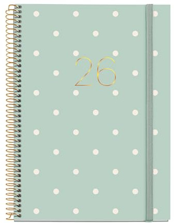 Miquelrius - Agenda 2026 día por página, Similar A5+ (155 x 213 mm), Planificación diaria, Cubierta rígida cartón, Espiral, Cierre goma elástica, Papel 80 g/m², Español-EN-PT, Polka dots