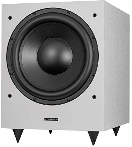 DYNAVOICE Magic MW-12 Blanco Mate – Subwoofer Activo 12” 180W RMS (250W Máx.), Bass Reflex Inferior, Control de Fase y Low Pass | Rejilla Gris Clara y Puntas de Desacoplo Negras | Home Cinema y HiFi