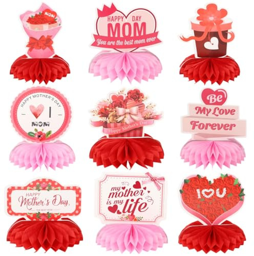 Tressify Set di 9 centrotavola a nido d'ape 3D per festa della mamma, con stampe, montaggio fai da te, accessori decorativi festivi per la casa o eventi
