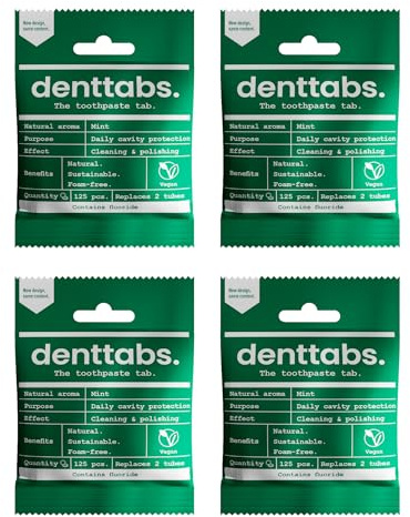 DENTTABS Teeth Cleaning Tablets with Fluoride - 4 Pack of 125 | Full-Fledged Alternative to Toothpaste - Mint Flavour - Vegan, Plastic-Free, Without Preservatives - Compostable Bag