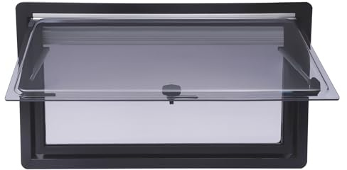 Ventana de techo para caravana, ventana lateral, 900 x 500 mm, ventana de techo plegable con protección solar y protección contra insectos, ángulo de apertura de 70°, cierre Ba negro