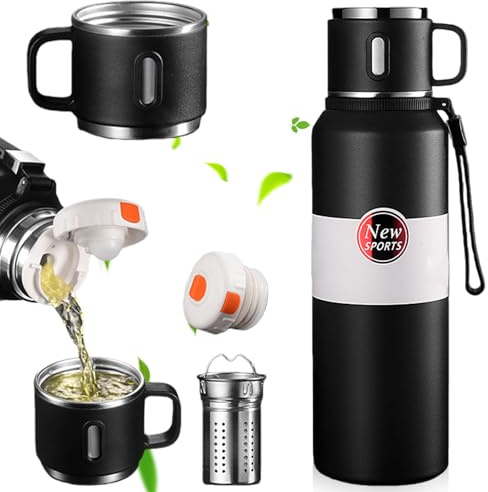 1.5 L Edelstahl Thermoskanne mit Schichtfilter, Auslaufsichere Thermosflasche mit Schlüsselband, 24 Stunden Isolierflasche mit Becherhülse für Unterwegs, Sport, Kaffee und Tee (Schwarz)