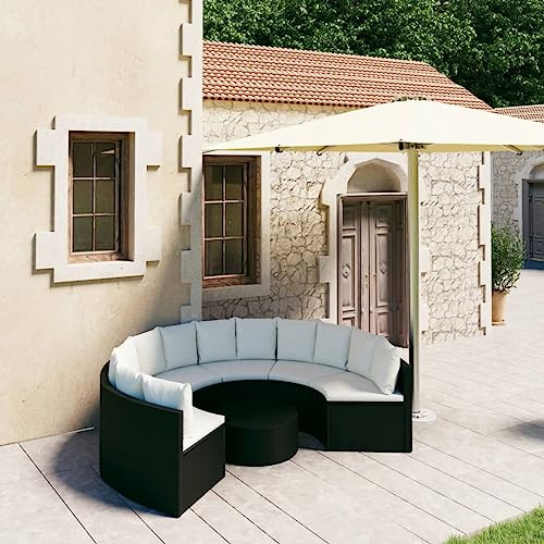 QJBSAVVA Salon de jardin en polyrotin noir forme éventail 88 x 66 x 67 cm avec table 68 x 30 cm et coussins crème design extérieur moderne robuste pour balcon, terrasse, camping