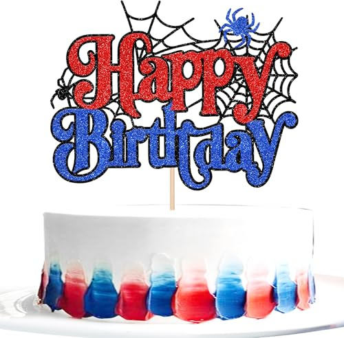 Xsstarmi 1 Pack Happy Birthday Cake Topper Glitter Funny Spider Web Bday Cake Pick for Baby Shower Birthday Party Cake Decorations Supplies