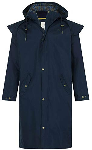 LightHouse Men's Stockman Waterproof Raincoat - Long Lined Windproof Outdoor Coat with Detachable Hood - Navy - S
