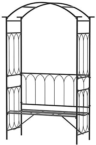 Outsunny Garden Metal Arch Bench Outdoor 2-Seater Chair, Patio Rose Trellis Arbour Pergola for Climbing Plant Vintage Classic Black 115L x 50W x 203H cm