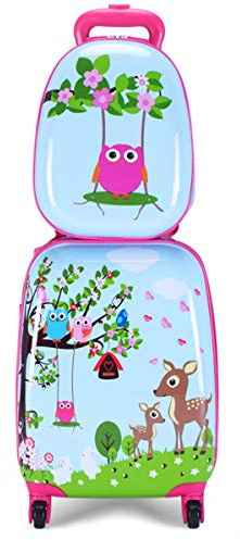 GYMAX Kids Carry On Luggage Set, 12 & 16 2PCS Rolling Suitcase (Deer)